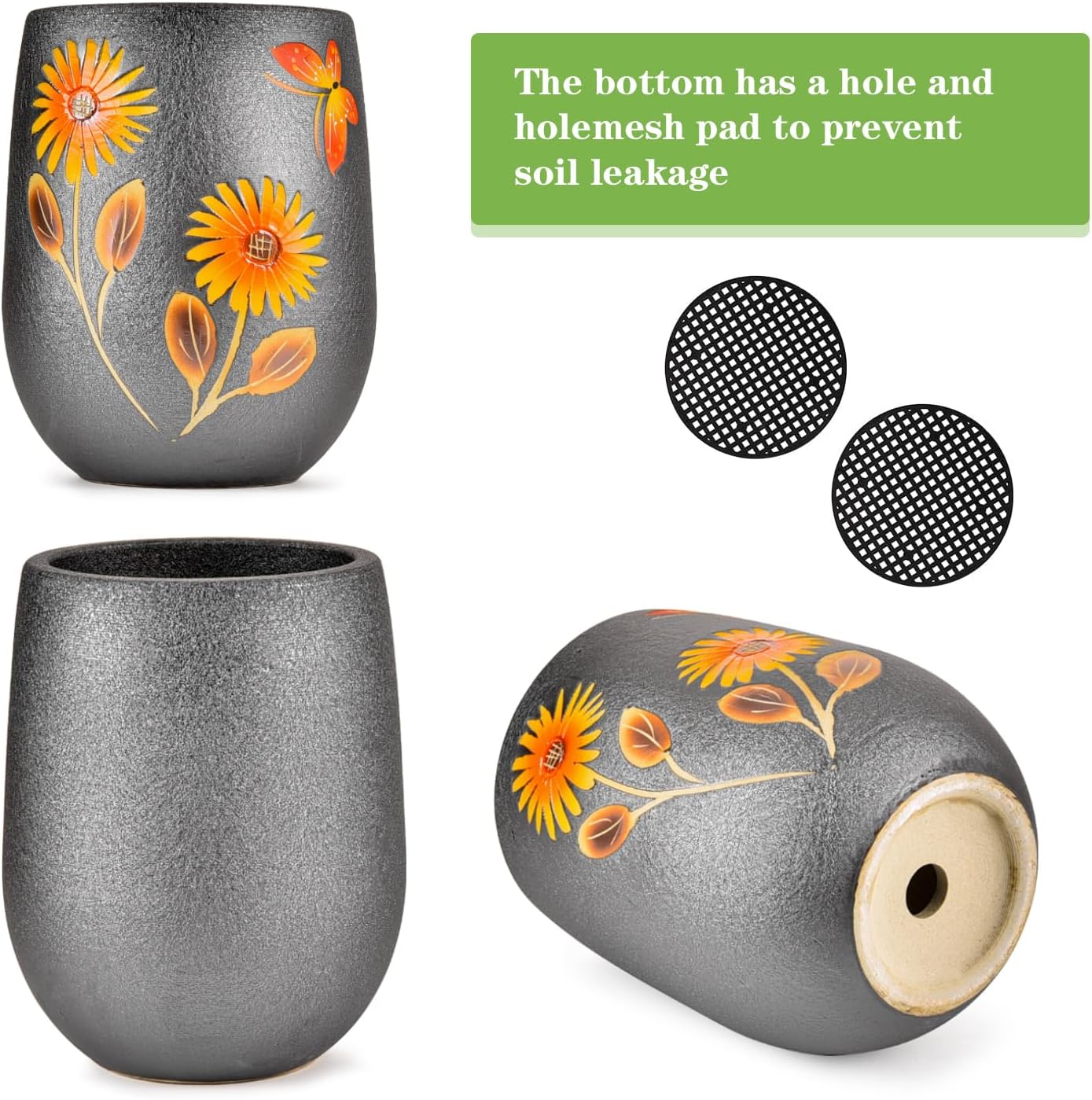 Sungmor 10.6 Inch Ceramic Succulent Plant Pot with Drainage Hole, Hand Painted Flower Pots for