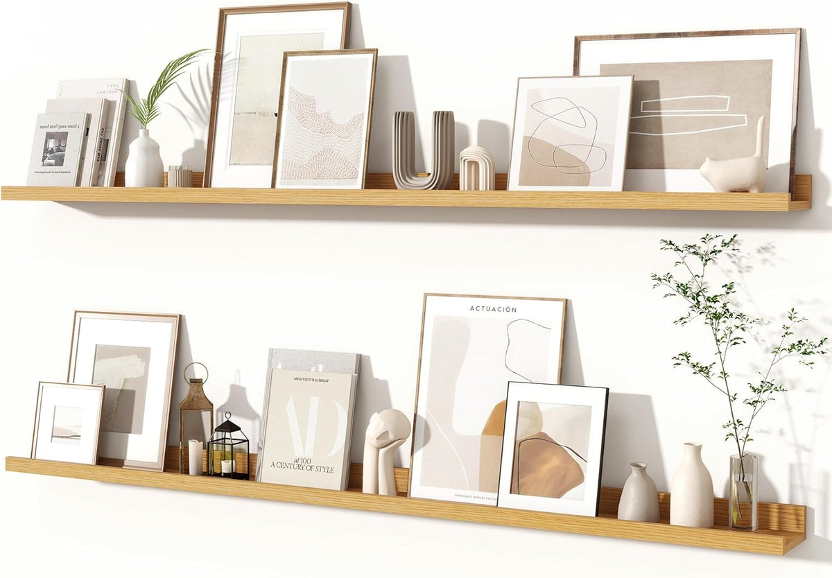 Fun Memories Picture Ledge Shelves Set of 2, 55 Inch Rustic Wall Mounted Floating Shelves with Lip