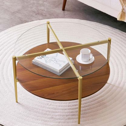 Round Coffee Table, Mid-Century Modern Design, D30“ x H17”, for Living Room, 2-Tier Structure