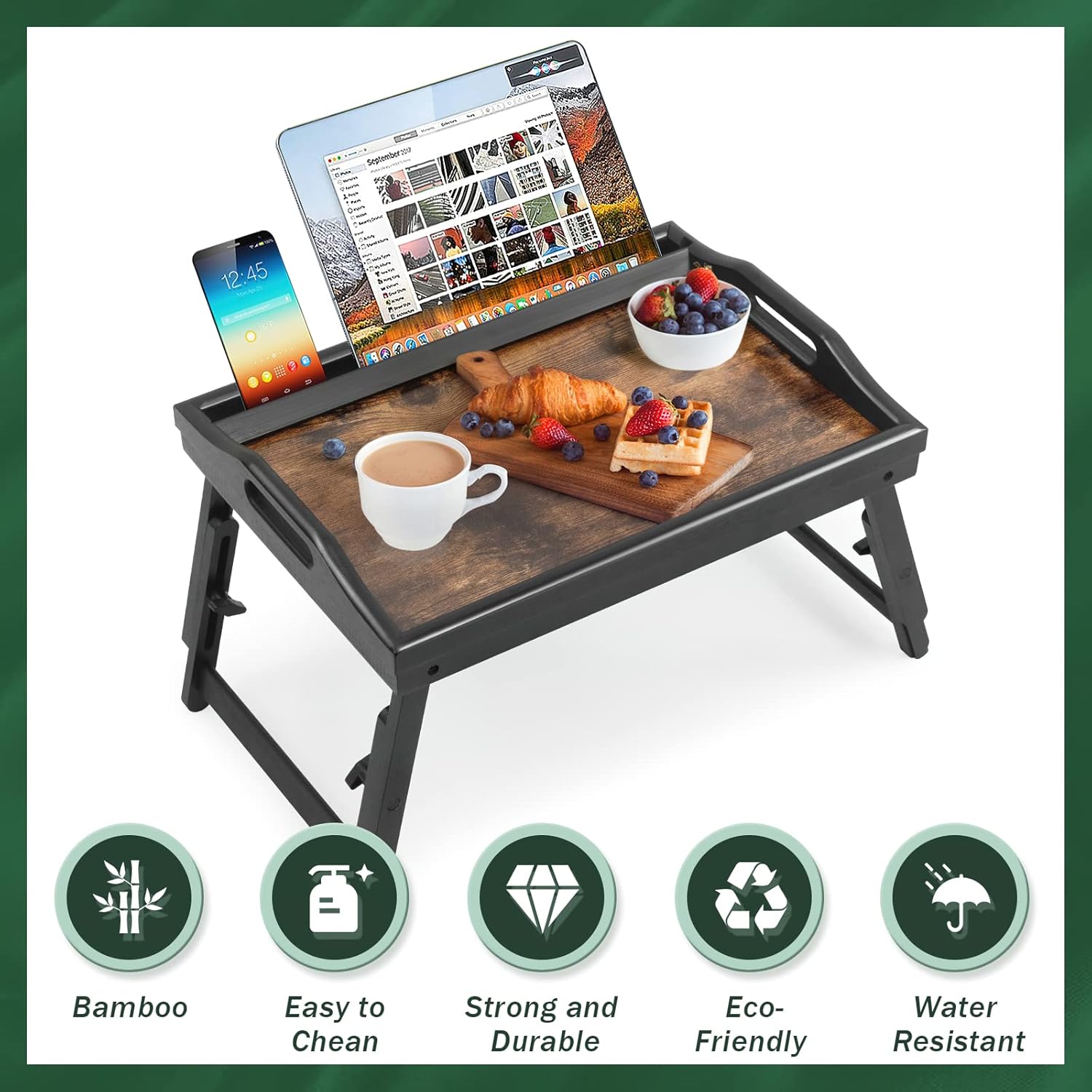 2 Pack Bed Tray Table Breakfast Trays Serving Tray Adjustable Height for Eating Bamboo Bed Laptap