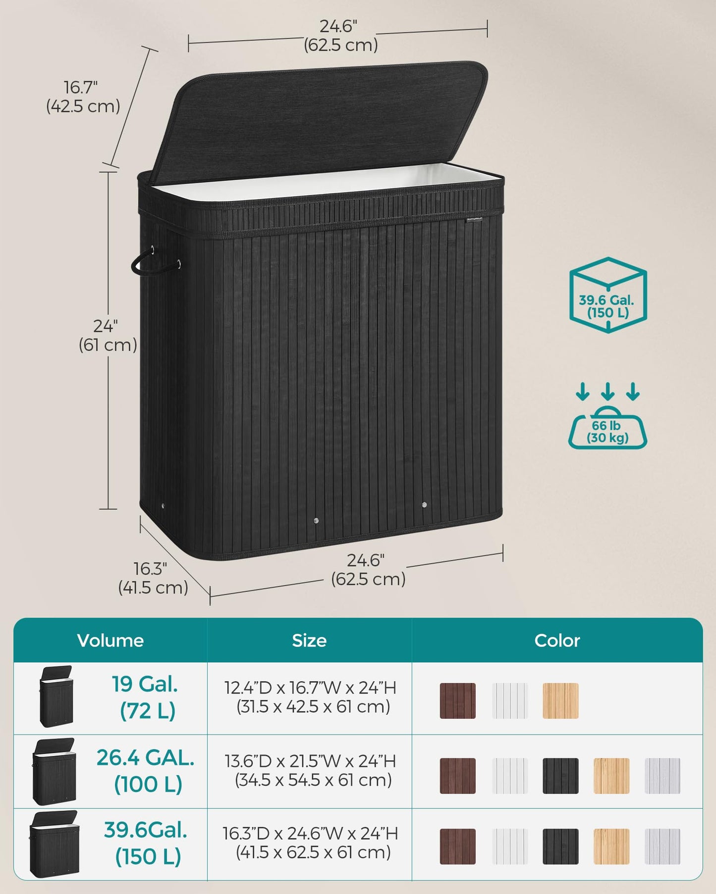SONGMICS Laundry Hamper with Lid, Bamboo Laundry Basket, Removable Machine Washable Laundry Basket