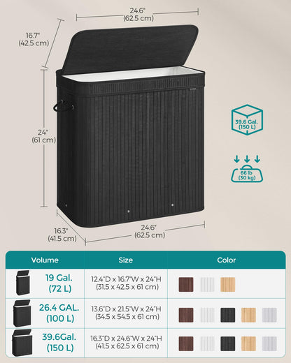 SONGMICS Laundry Hamper with Lid, Bamboo Laundry Basket, Removable Machine Washable Laundry Basket