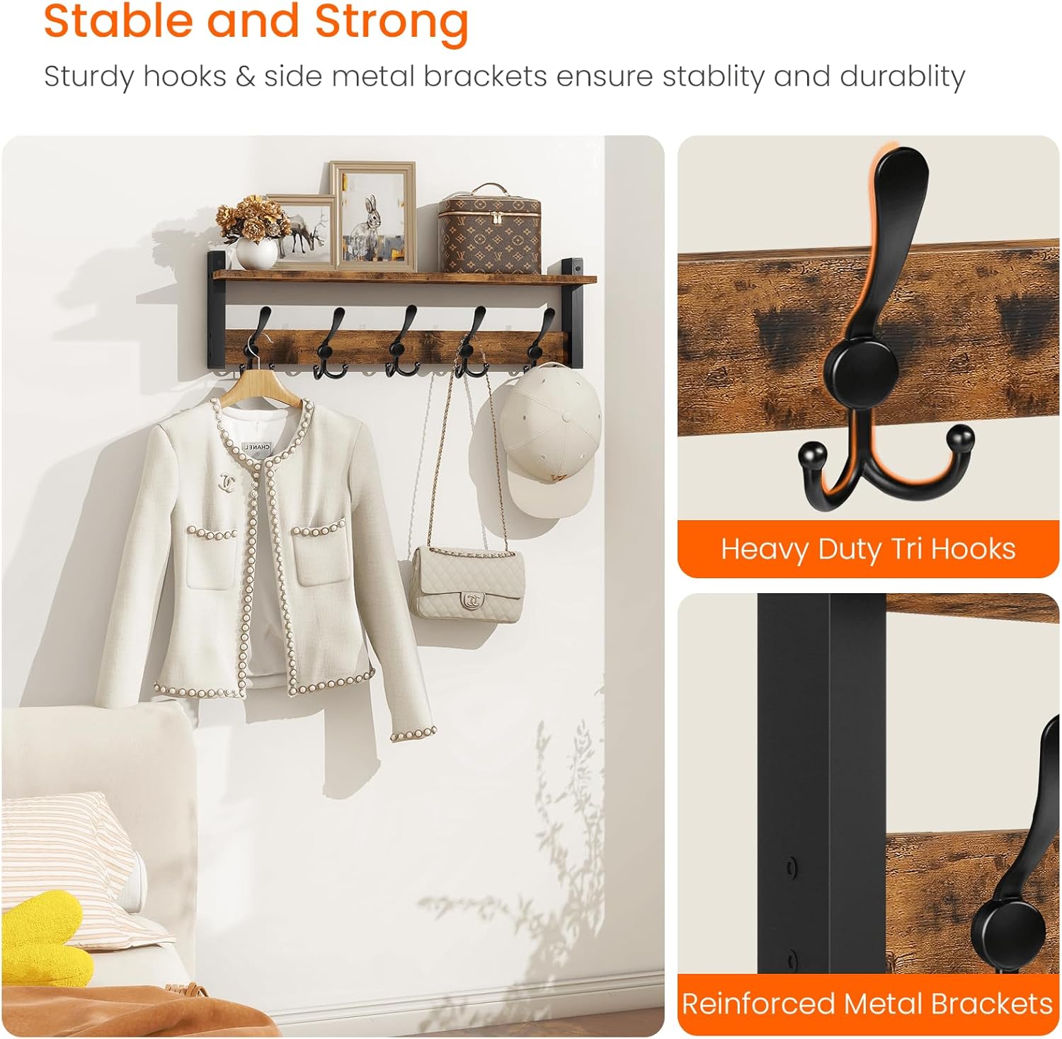 Homode Rustic Brown Wall Mount Coat Rack with Shelf and 5 Tri Hooks, Wood Coat Hangers for Hanging