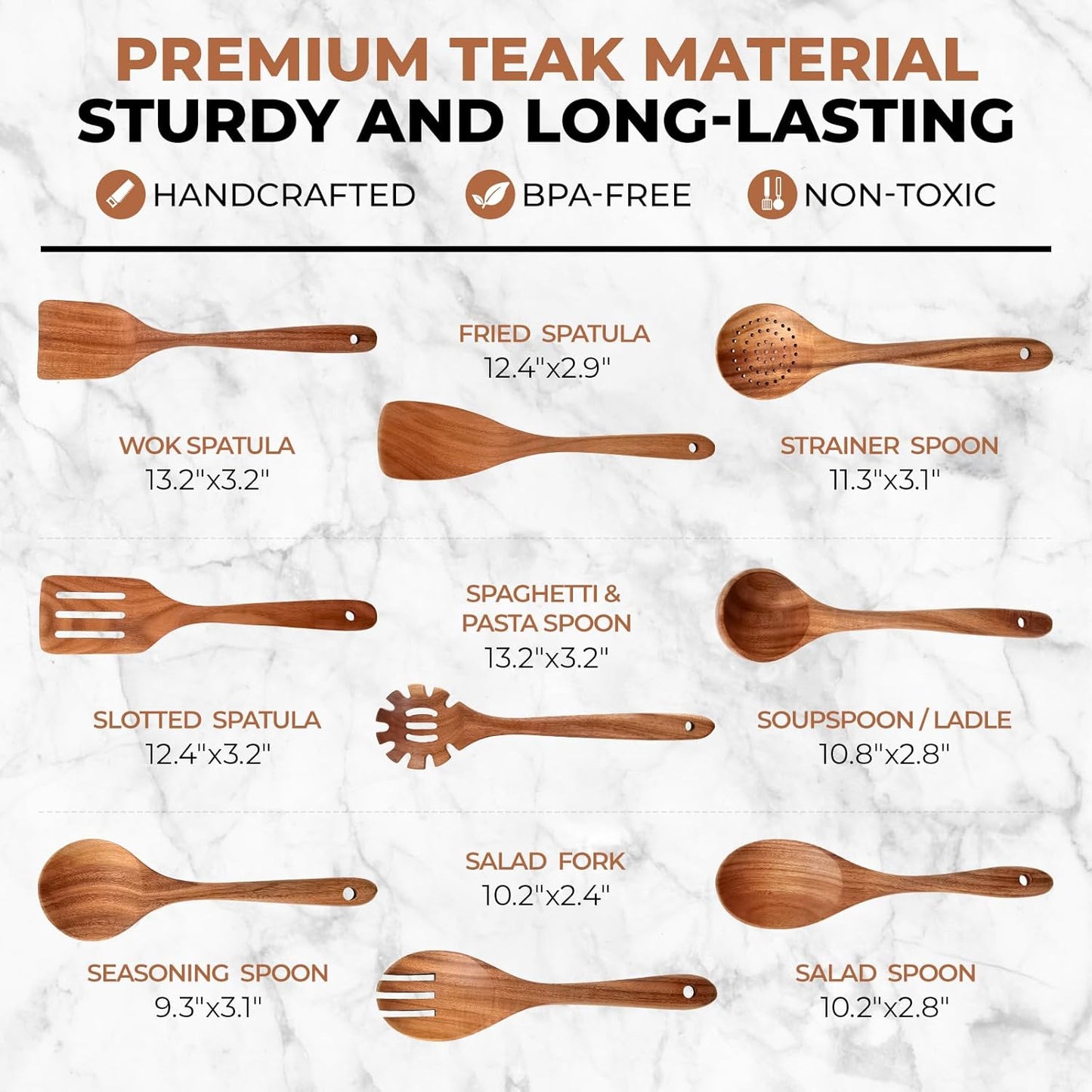 SPATUAMZ Wooden Kitchen Utensils Set, Smooth Finished Wooden Spoons for Cooking, Natural Teak