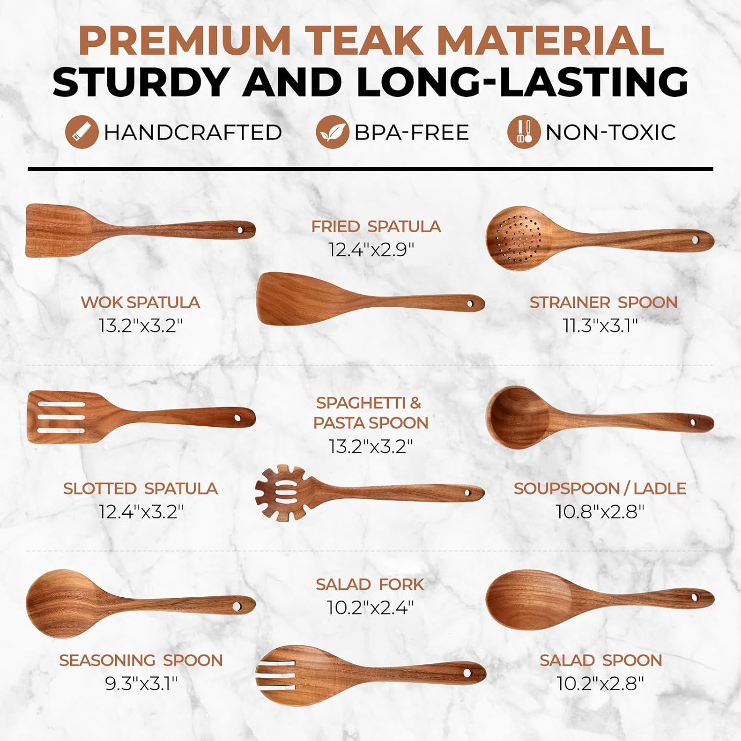 SPATUAMZ Wooden Kitchen Utensils Set, Smooth Finished Wooden Spoons for Cooking, Natural Teak