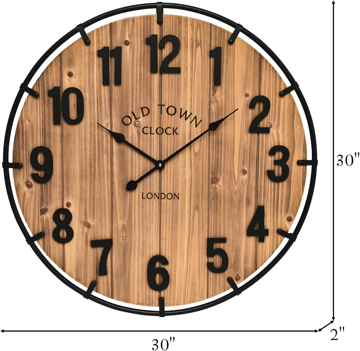 Large Old Town Farmhouse Wall Clock 30 Inches Rustic Antique Wood with Metal Circle and Large