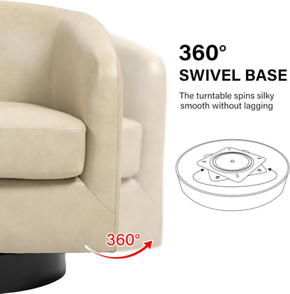 Swivel Barrel Accent Chair, Modern Round Faux Leather Arm Chair for Living Room, Bedroom, Comfy