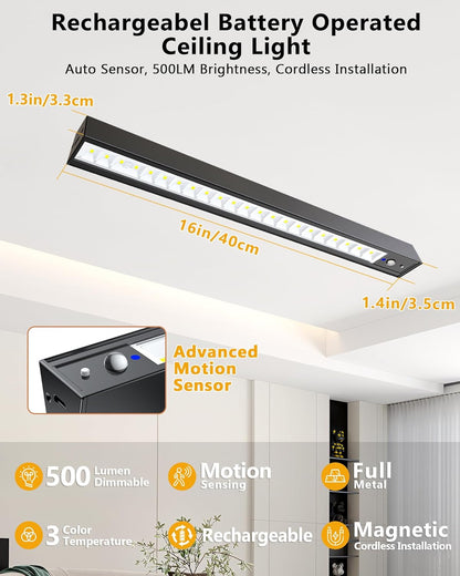 Rechargeable Motion Sensor Ceiling Light, Full Metal Battery Powered LED Closet Light, 3 Color