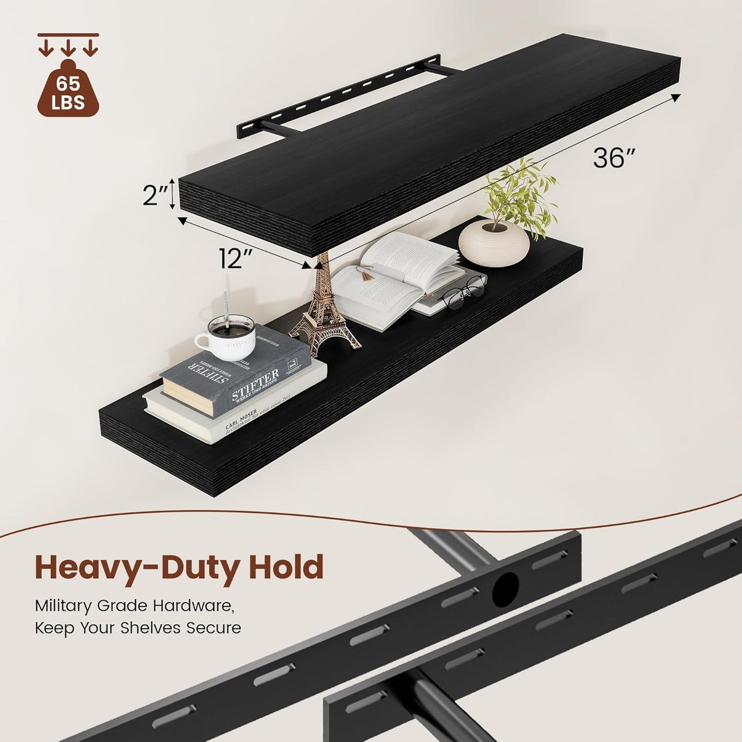 Black Floating Shelves for Wall 36 Inches Long, 12" Deep Wall Shelves 2" Thick, Heavy Duty Shelf