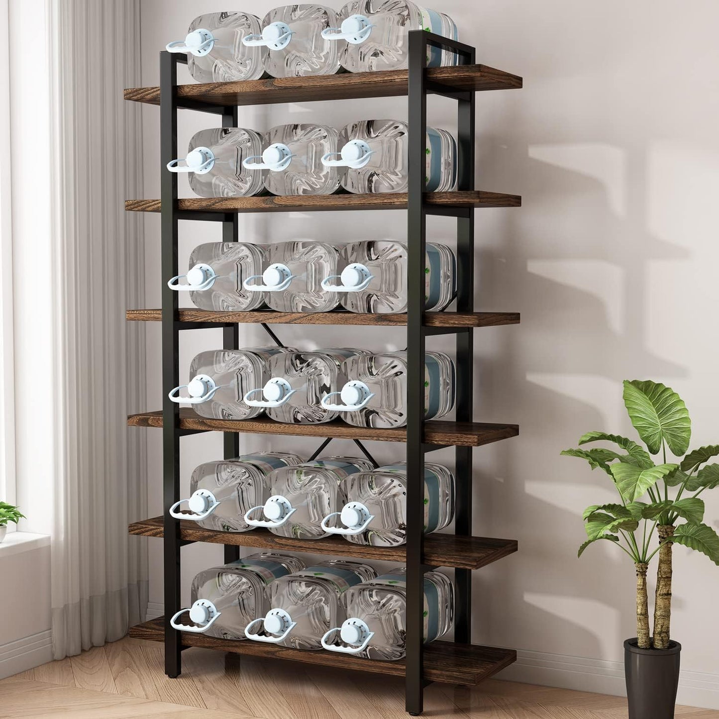 Solid Wood Bookcase and Book Shelves Wood and Metal Shelving Unit 6 Tier Bookshelf Modern Rustic