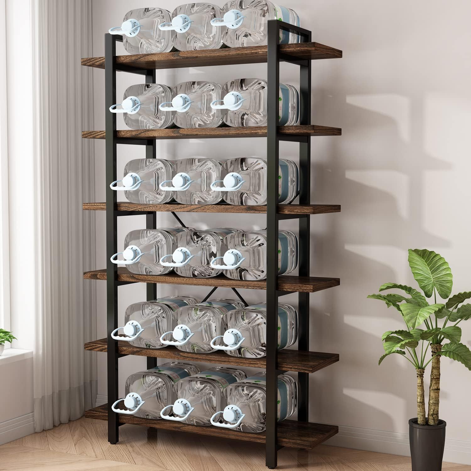 Solid Wood Bookcase and Book Shelves Wood and Metal Shelving Unit 6 Tier Bookshelf Modern Rustic