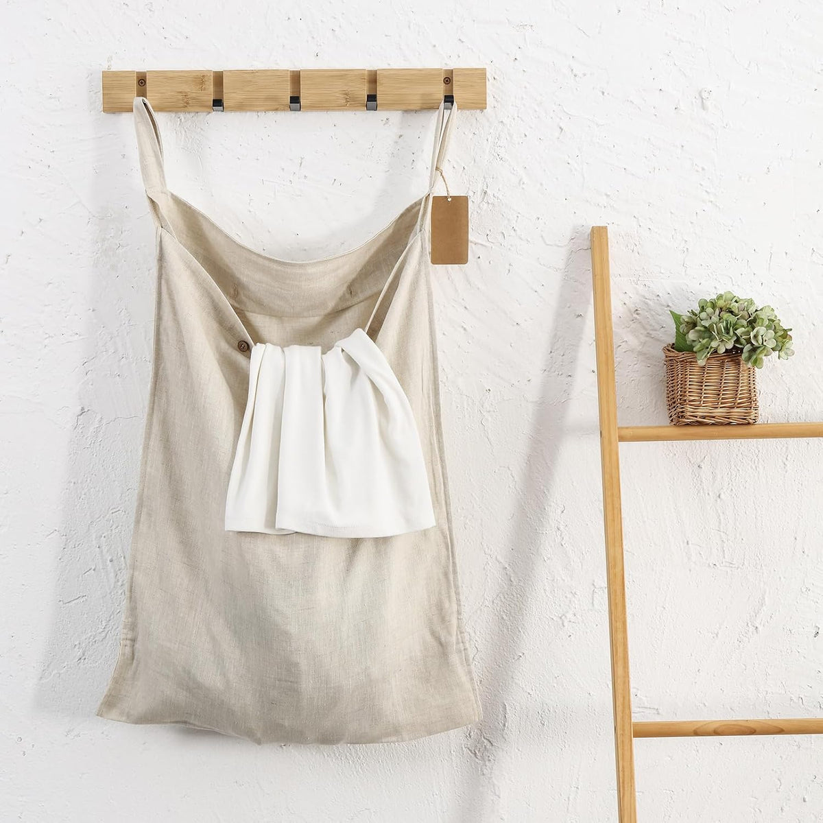Linen Hanging Laundry Bag, 100% Linen Over The Door Laundry Hamper with Buttons and Zipper, Space