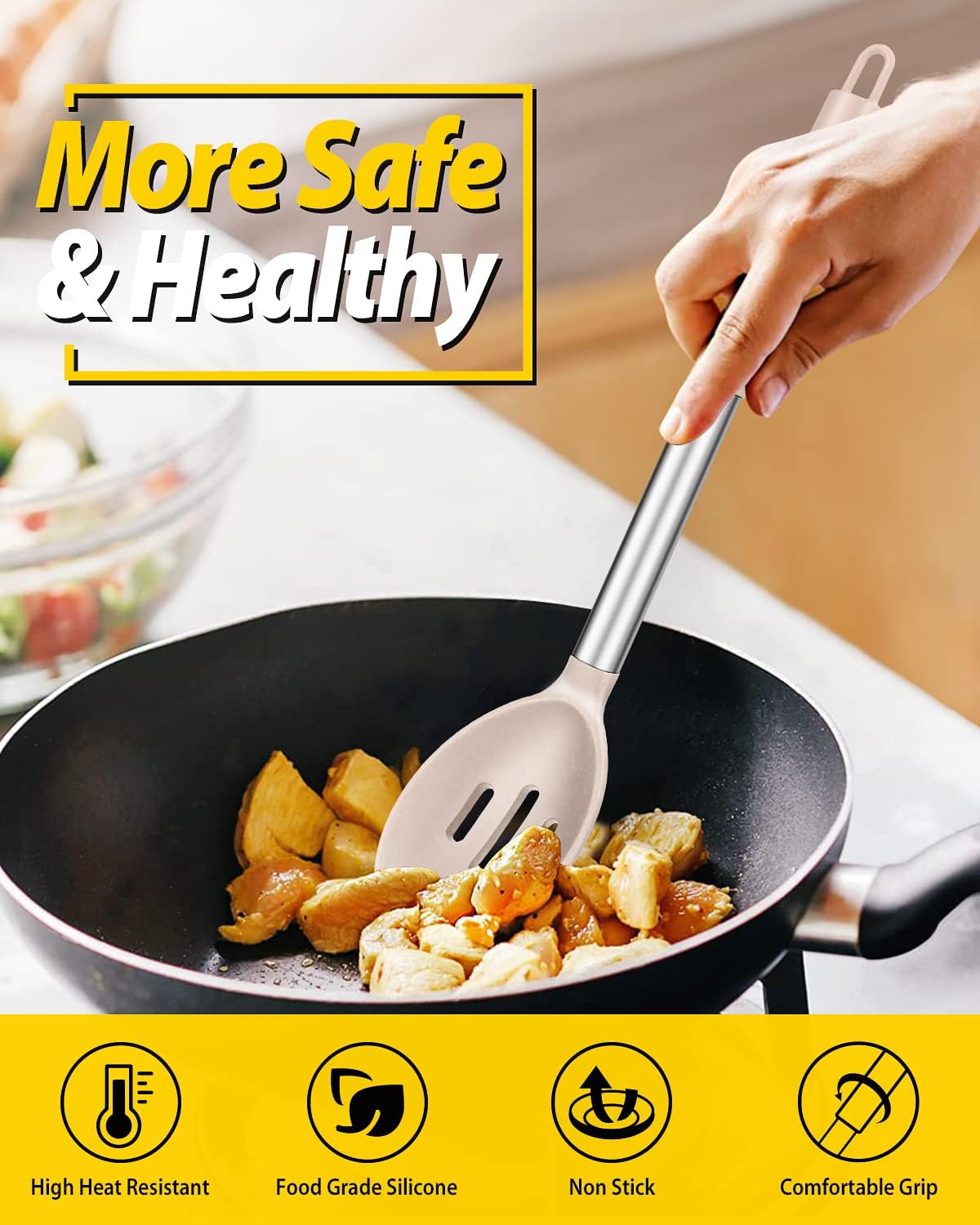 Pack of 2 Large Silicone Cooking Spoons,Non Stick Solid Basting Spoon,Heat-Resistant Kitchen