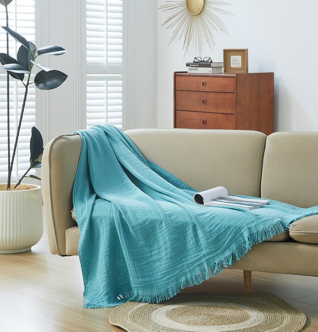 100% Cotton Muslin Throw Blanket for Bed, Couch, Small, Decorative, Soft, Pre-Washed, Breathable