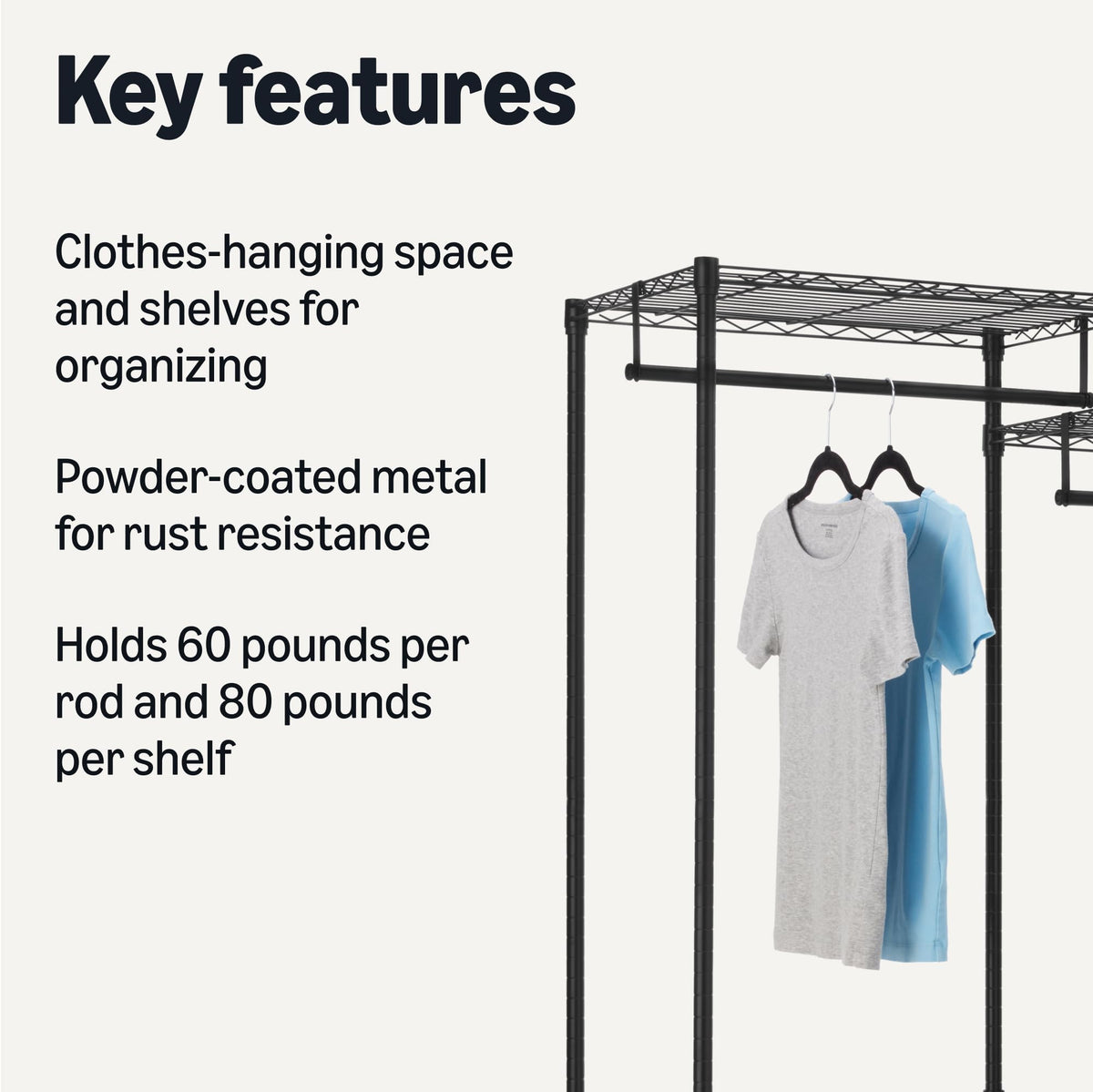 Amazon Basics Closet Organizer, Metal Rack with Shelves and Hanging Rod, 70" W x 18" D x 76" H