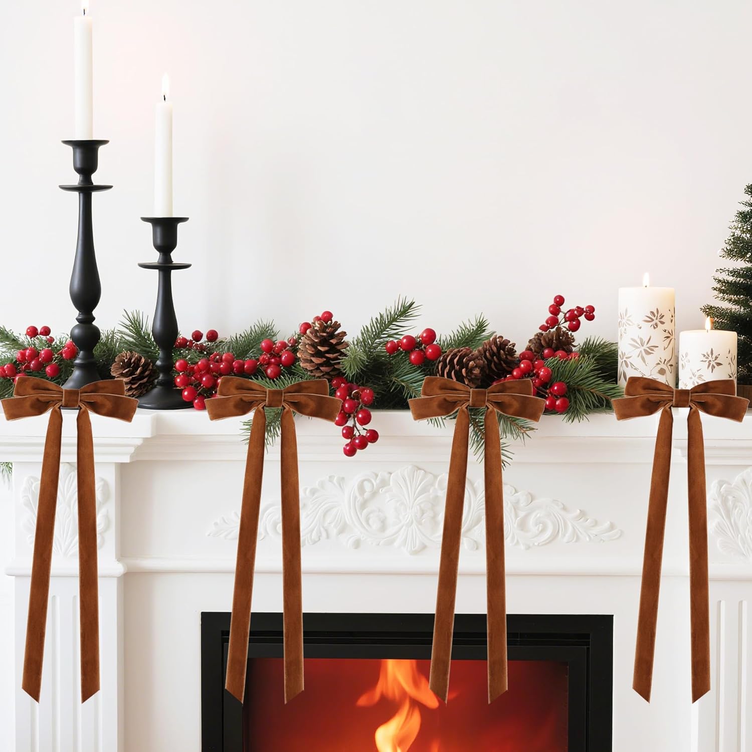 Senjie 10Pcs Large Velvet Christmas Tree Bows, 20in x 8in Premade Vintage Ribbon Tree Topper Bows