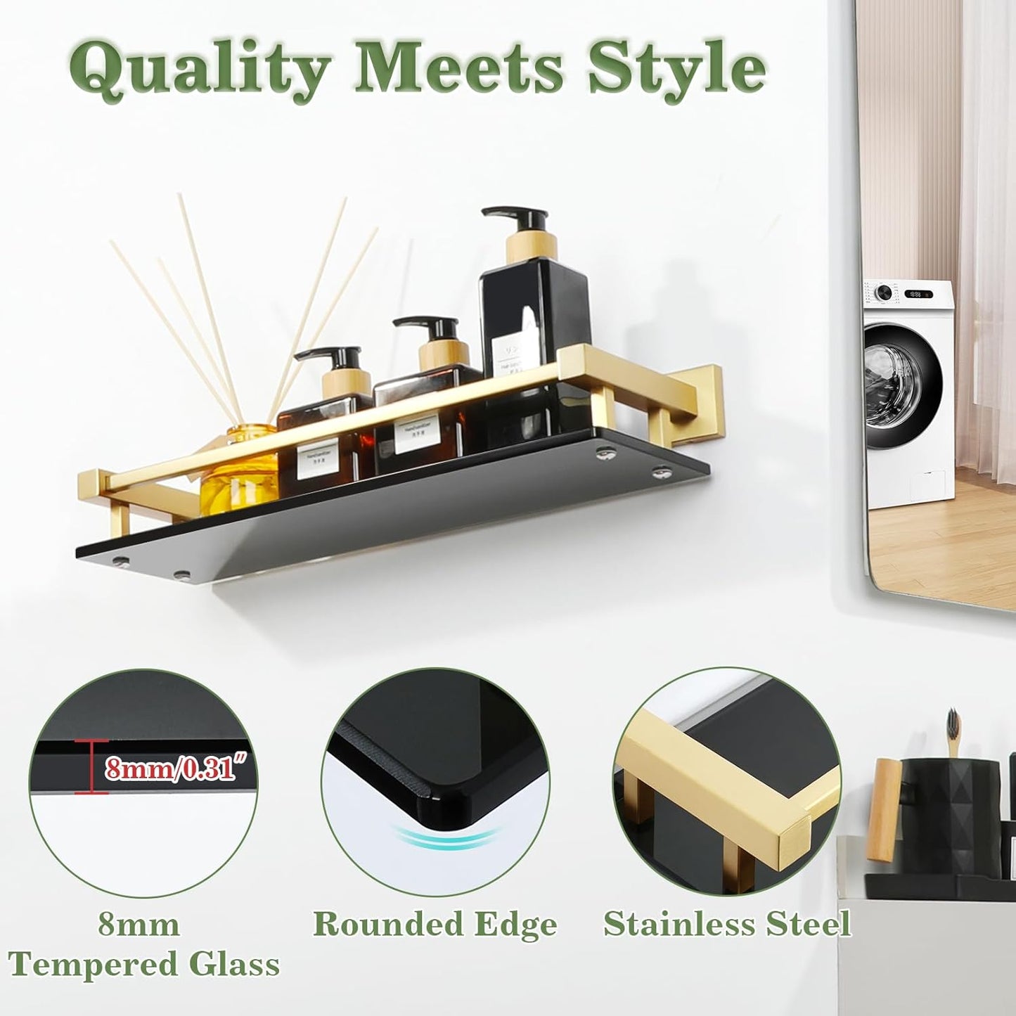 Alise Bathroom Glass Shelf with Stainless Steel Railing, Gold Small Tempered Glass Floating Wall