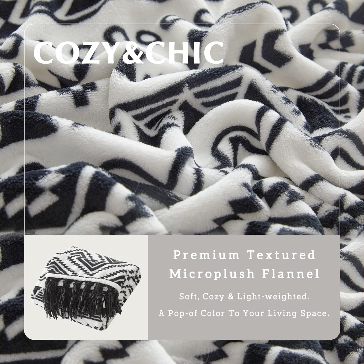 CASAAGUSTO Boho Throw Blanket - Black and White Decorative Blankets with Tassel, Printed Flannel