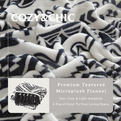 CASAAGUSTO Boho Throw Blanket - Black and White Decorative Blankets with Tassel, Printed Flannel