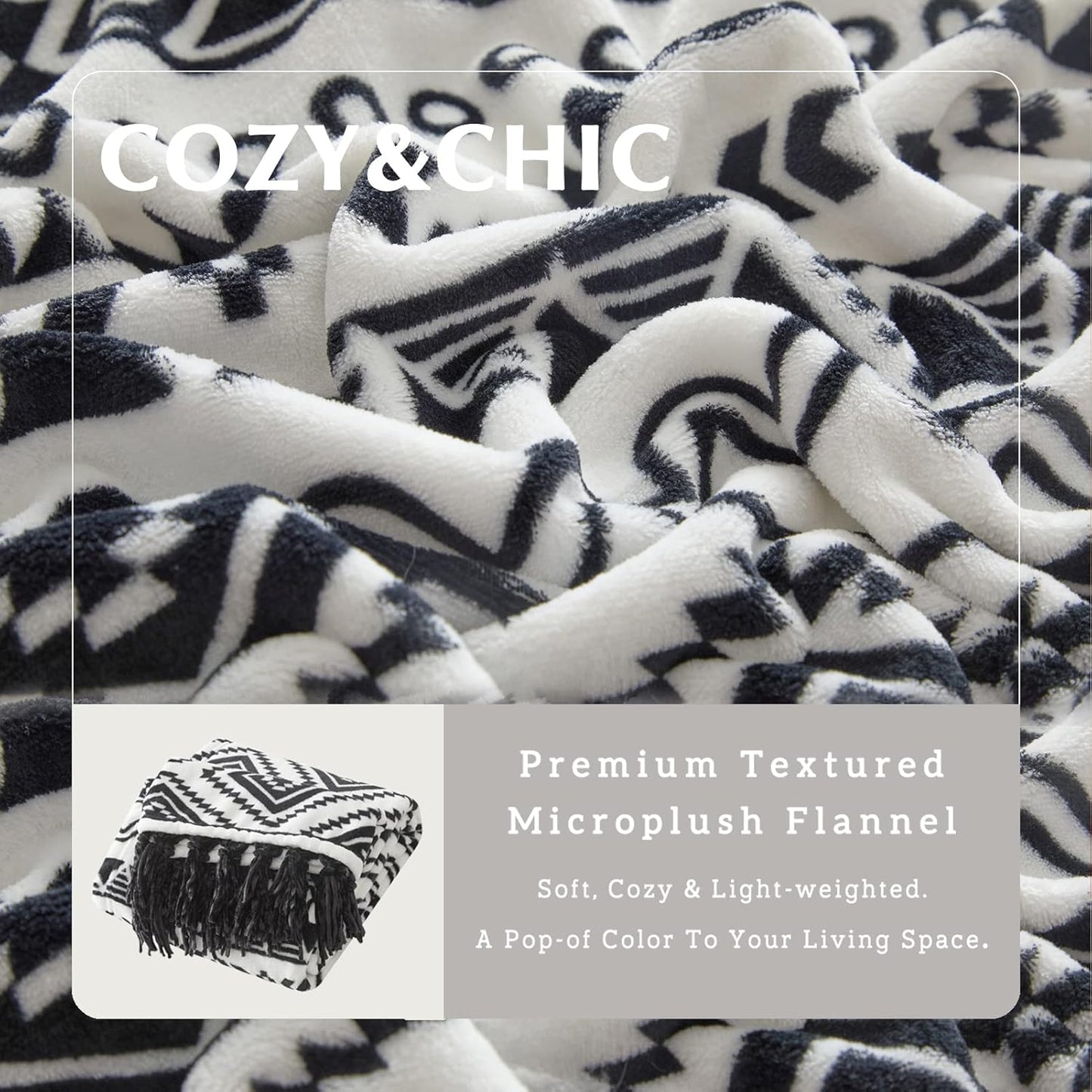 CASAAGUSTO Boho Throw Blanket - Black and White Decorative Blankets with Tassel, Printed Flannel