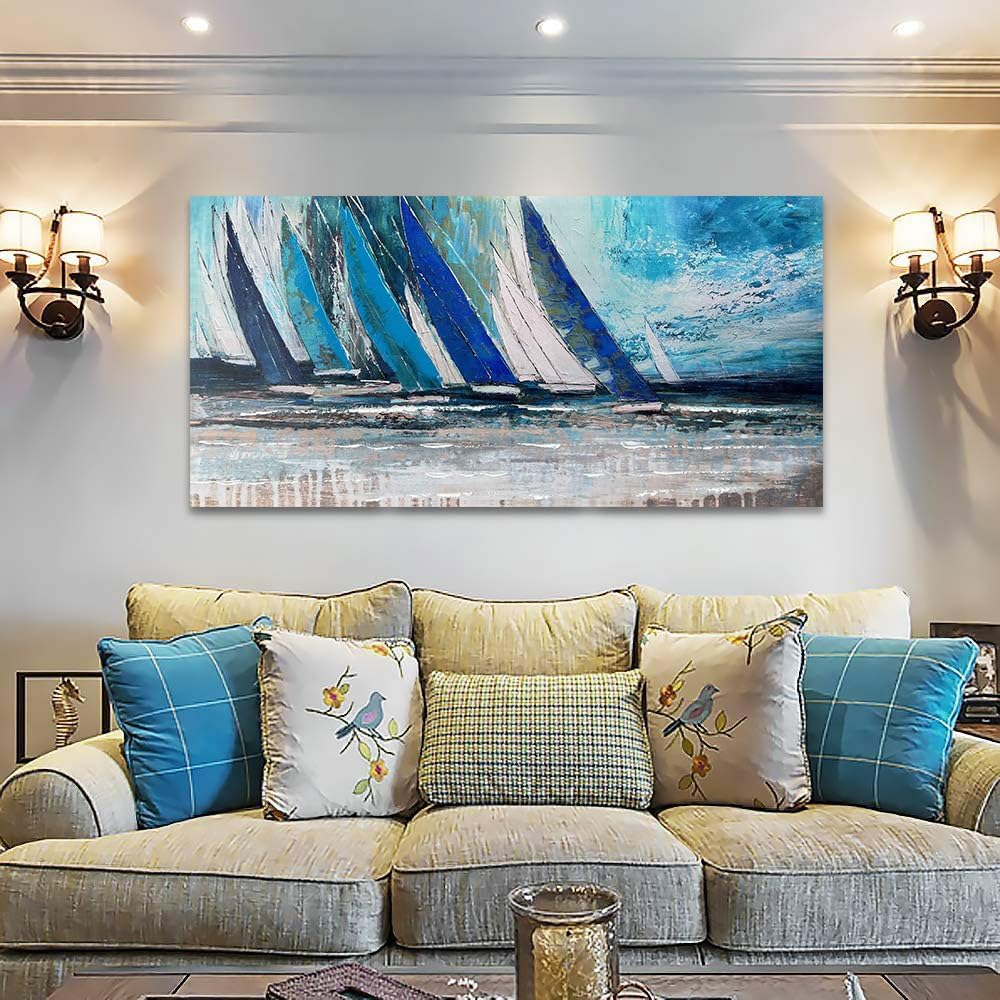 Arjun Blue Abstract Wall Art Canvas Teal Ocean Sailboat Picture Modern Turquoise Coastal Nautical