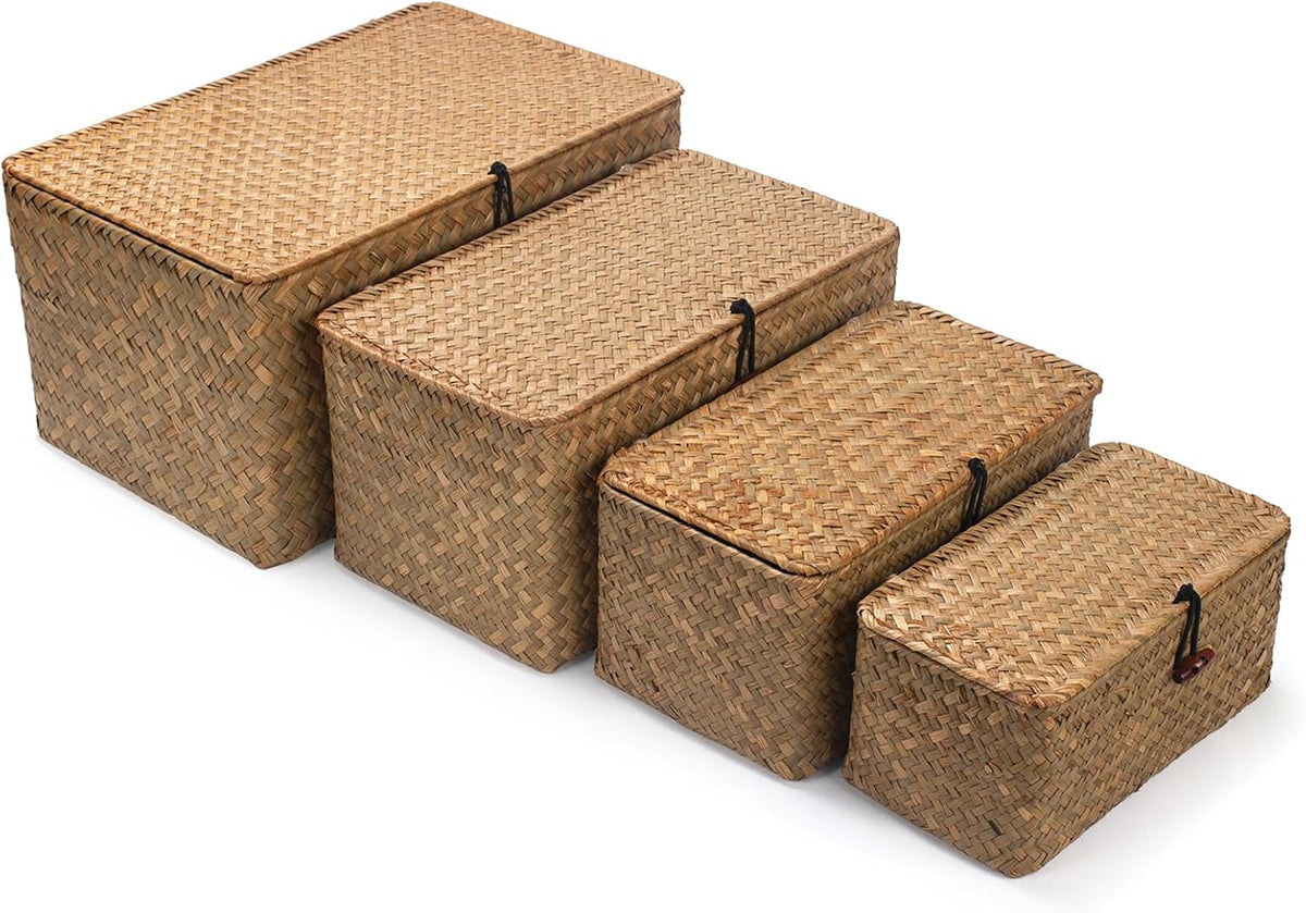Wicker Basket with Lid, Seagrass Storage Basket, Woven Baskets for Storage, Decorative Storage