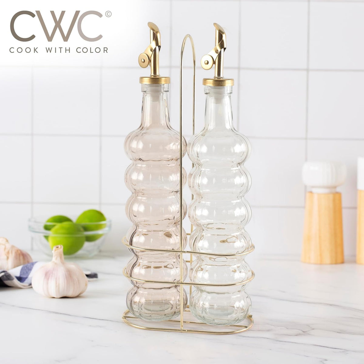 COOK WITH COLOR Glass Olive Oil Bottle Dispenser - 2 Pack- 17oz Oil and Vinegar Cruet - Olive Oil