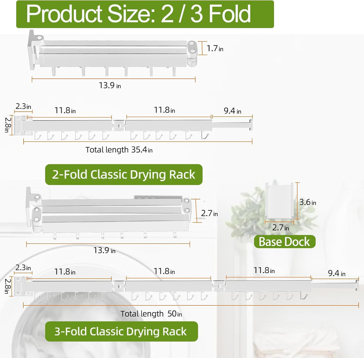 Foldable Clothes Drying Rack, 2 Fold Laundry Drying Rack Wall Mount, [No Drilling] Folding &