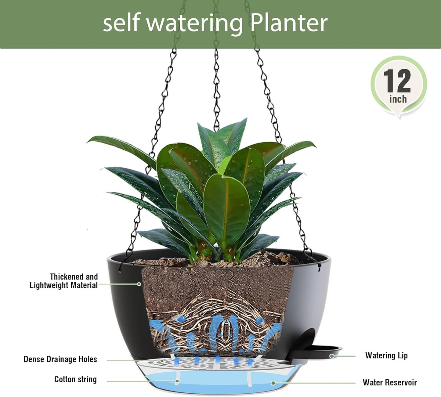 12 Inch Hanging Baskets 2 PC with Chains, Self-Watering Hanging Planters for Indoor Outdoor Plants