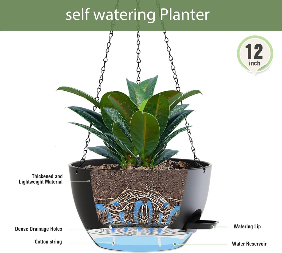 12 Inch Hanging Baskets 2 PC with Chains, Self-Watering Hanging Planters for Indoor Outdoor Plants