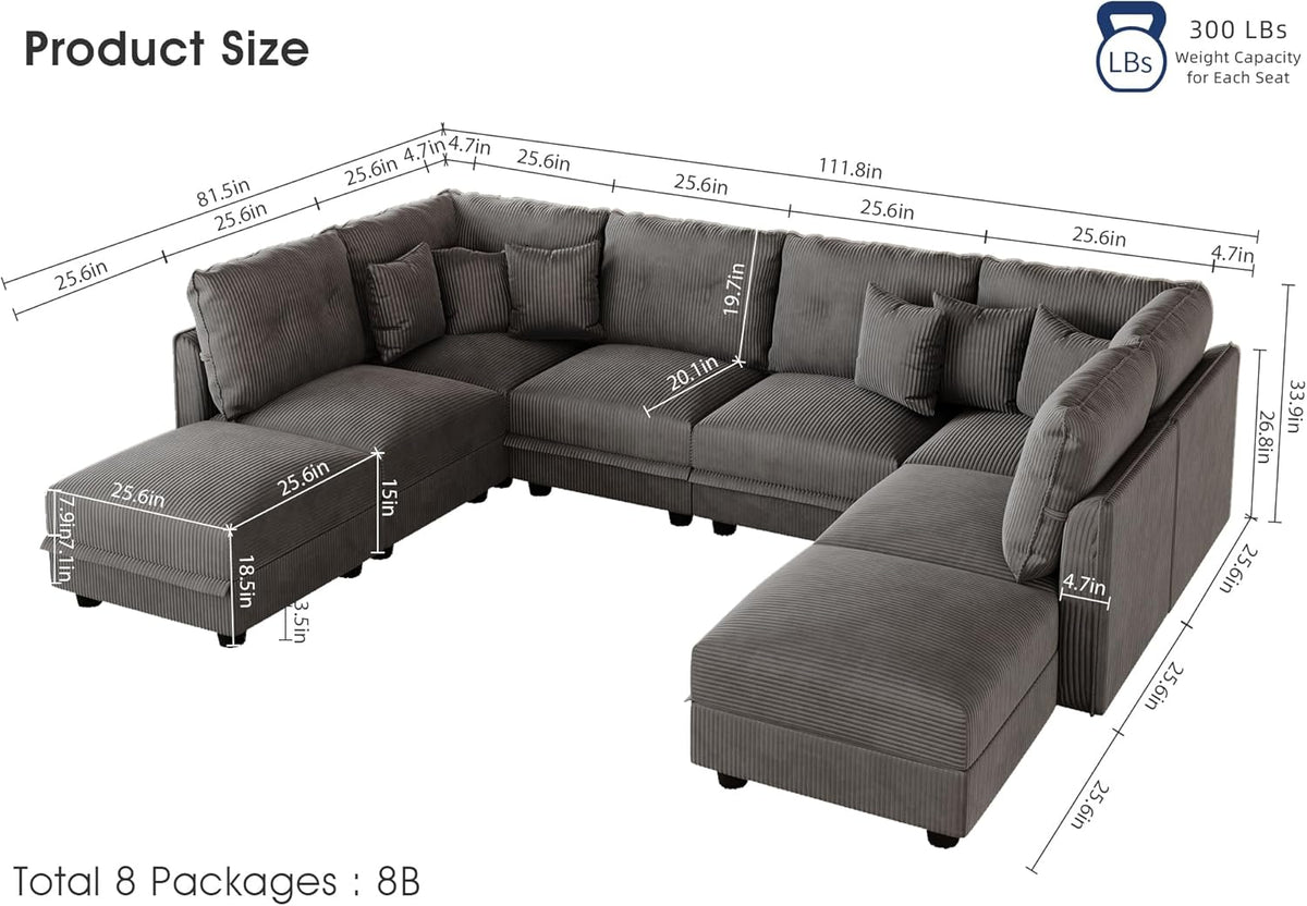 LLappuil Modular Sectional Sofa with Storage Seats, Corduroy Convertible Modular U Shaped Sectional