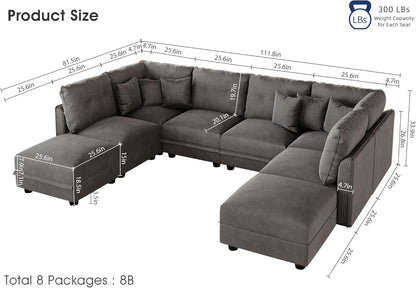 LLappuil Modular Sectional Sofa with Storage Seats, Corduroy Convertible Modular U Shaped Sectional