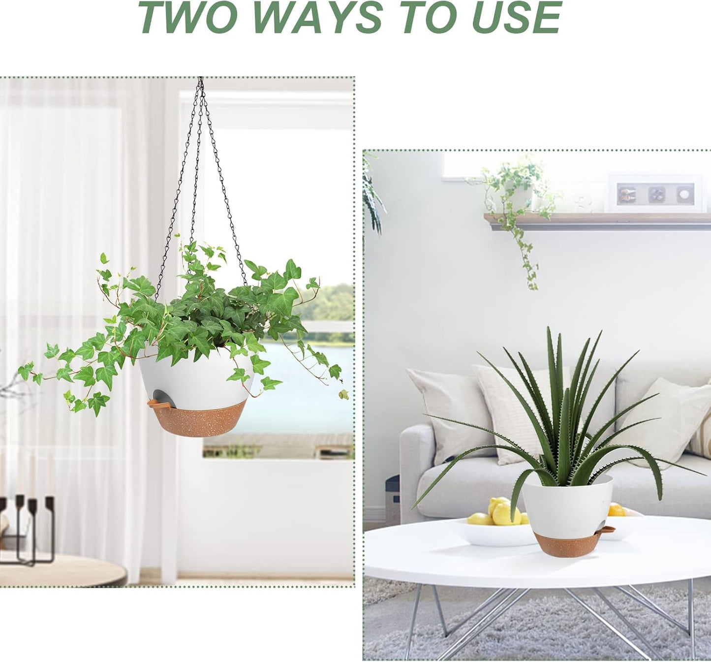 Hanging Planters for Indoor Outdoor Plants, 2 Pack Self Watering Hanging Pot with Drainage Holes &