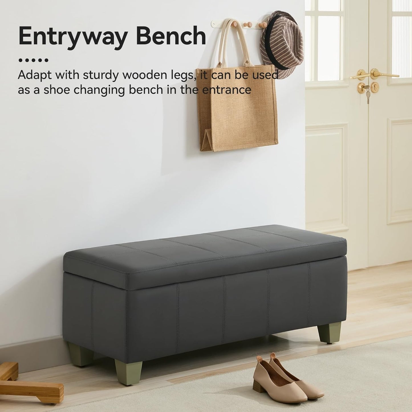 41" Faux Leather Storage Ottoman, Stitch Tufted Rectangle Upholstered End of Bed Storage Bench