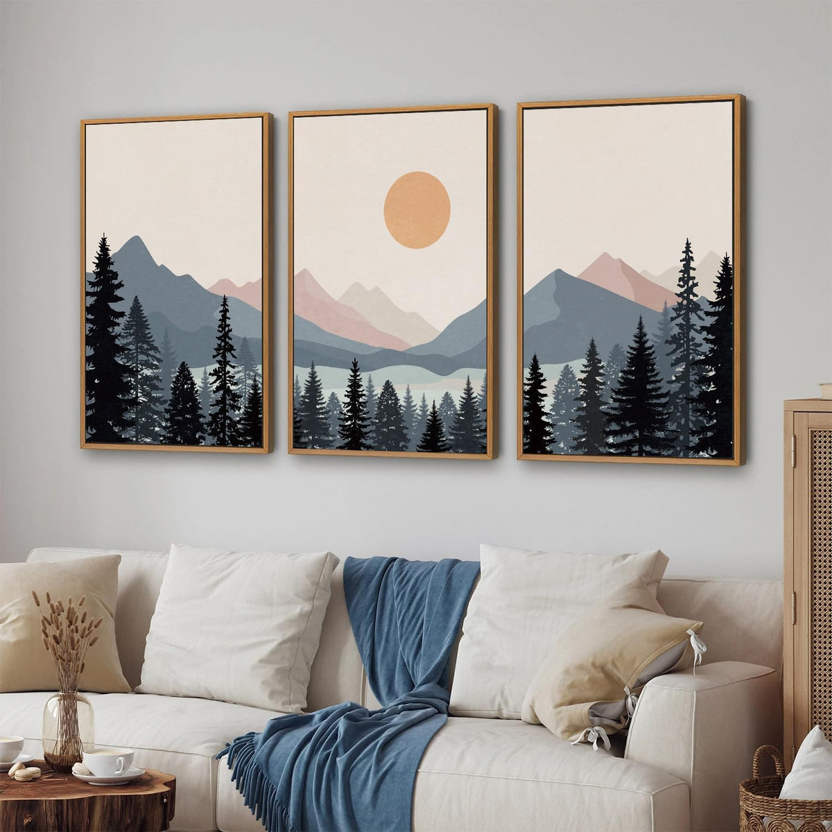 Tinonedraw Boho Mountain Framed Canvas Wall Art Set of 3, Watercolor Nature Landscape Art Prints