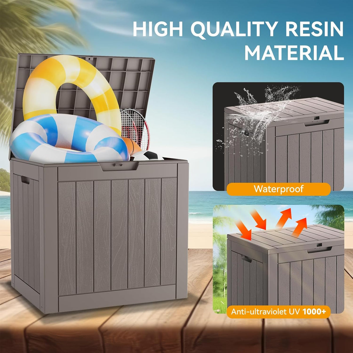 KAMABOKO Deck Box, 32 Gallon Resin Indoor and Outdoor Storage Boxes Waterproof for Garden Tools