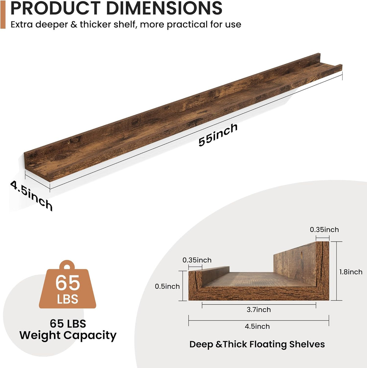 Fun Memories Picture Ledge Shelves Set of 2, 55 Inch Rustic Wall Mounted Floating Shelves with Lip