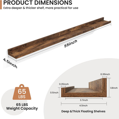 Fun Memories Picture Ledge Shelves Set of 2, 55 Inch Rustic Wall Mounted Floating Shelves with Lip