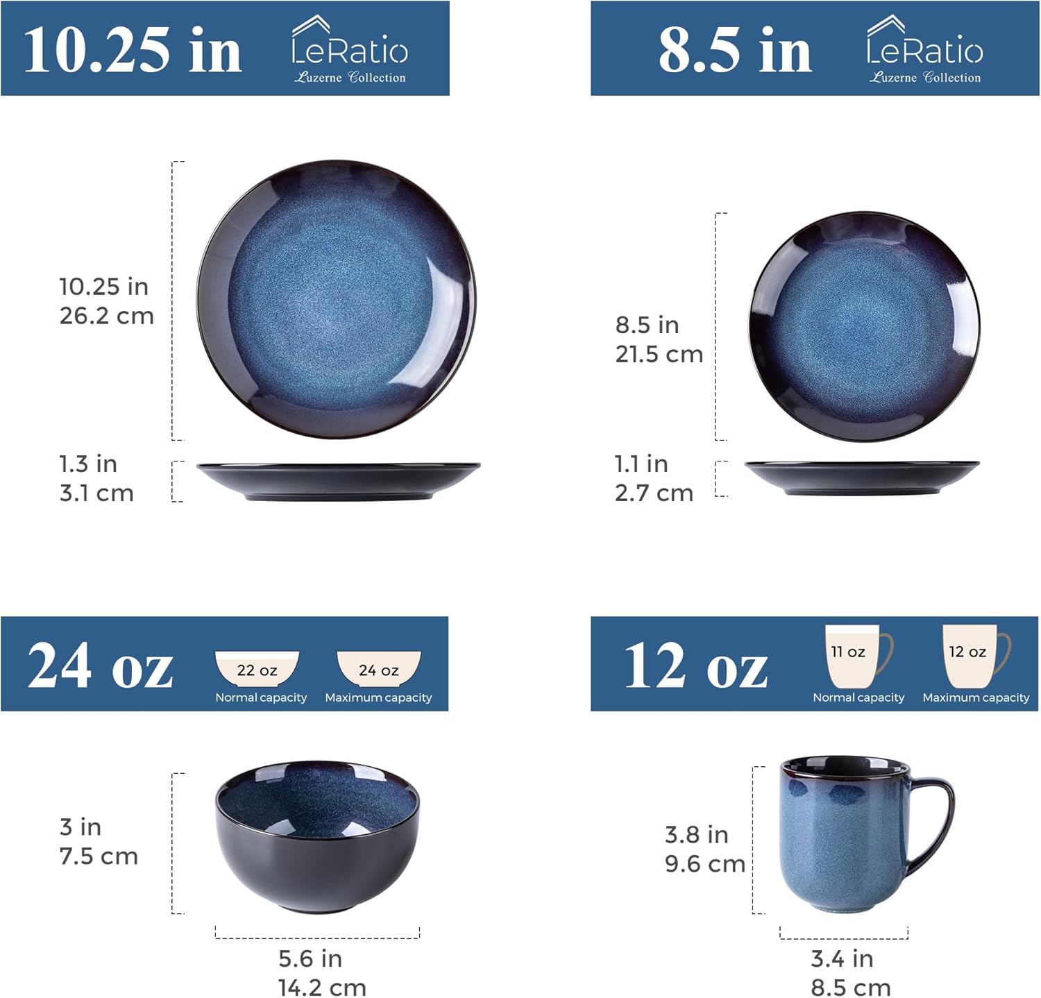 LERATIO Ceramic Dinnerware Sets for 4,16-Piece Reactive Glaze Plates and Bowls Set with Mugs,Highly