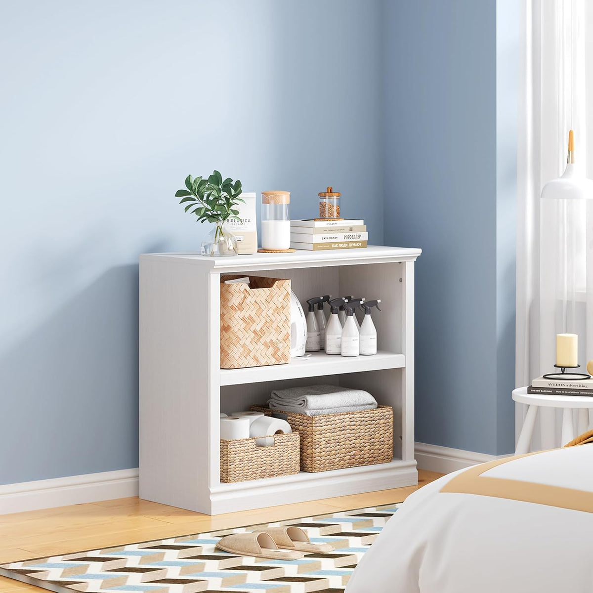 30" Bookcase, White Floor Standing Bookshelf, 2-Tier Display Shelves Open Storage Organizer, Book