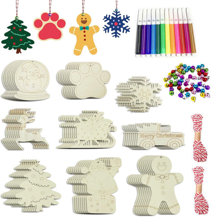 Wooden Christmas Ornaments, 176 PCS Unfinished Predrilled Wood Ornaments Set with 72 Blank Wood