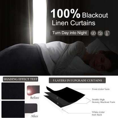 Blackout Curtains 108 Inches Long, Modern Pinch Pleated Linen Drapes for Sliding Glass Doors