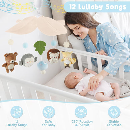 Woodland Crib Mobile – Forest Animals Baby Mobile for Crib with Upgraded 3-Mode Music Box, Blue