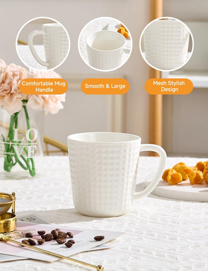 Ceramic Coffee Mugs 15 oz, Large Waffle Embossed Mug Set, Coffee Cups for Latte, Cappuccino, Cocoa