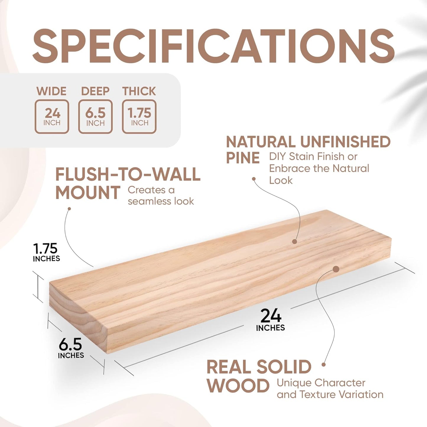 Homeforia 24 inch Wood Floating Shelves, High End Solid Natural Wood 24inch Floating Shelf for