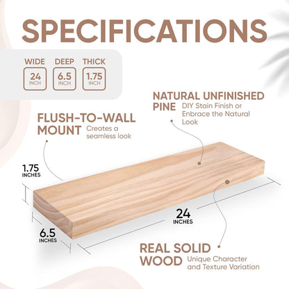 Homeforia 24 inch Wood Floating Shelves, High End Solid Natural Wood 24inch Floating Shelf for