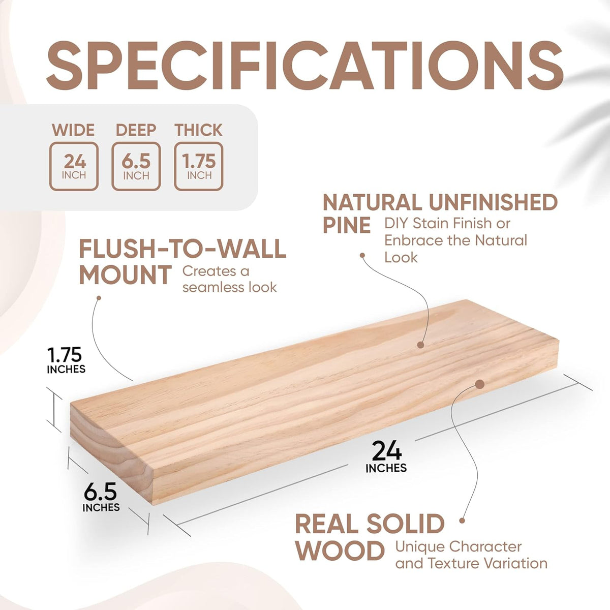 Homeforia 24 inch Wood Floating Shelves, High End Solid Natural Wood 24inch Floating Shelf for