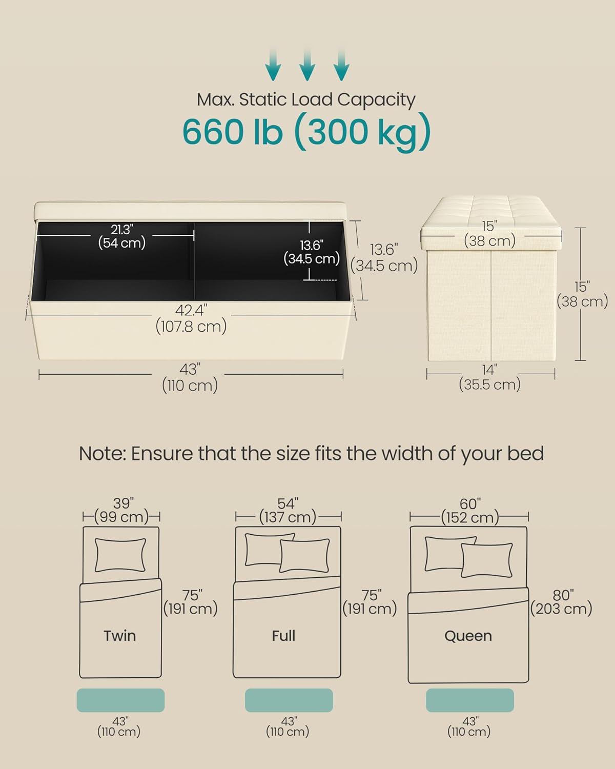 SONGMICS MAZIE Collection - 43 Inches Folding Storage Ottoman Bench, Ottoman Foot Rest, End of Bed