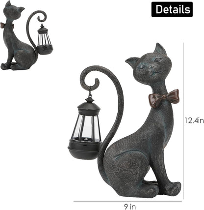 Whimsical Outdoor Cat Statues with Solar Garden Lantern:Cat Garden Statues for Outside Fall Decor
