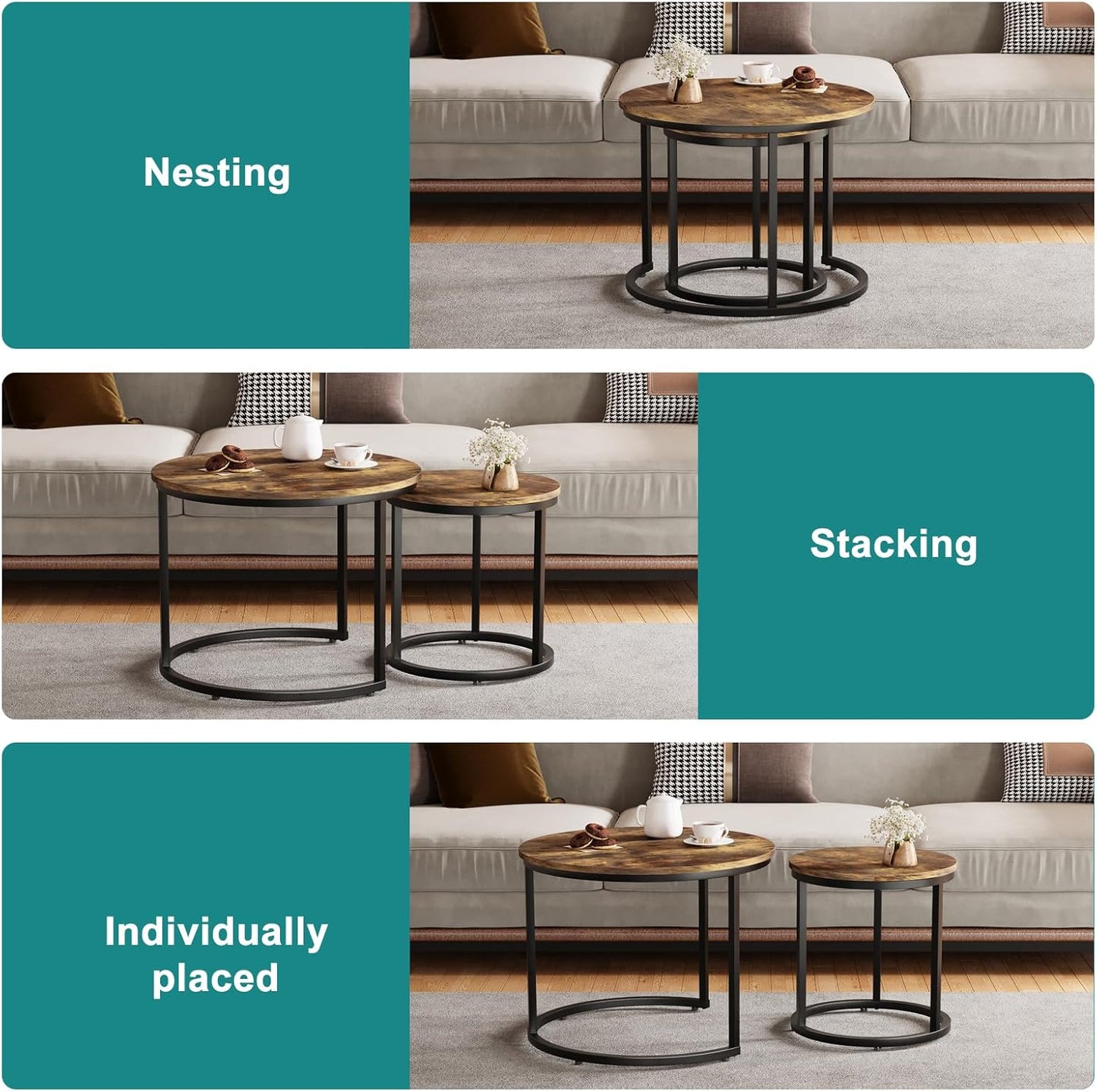 Smuxee Nesting Coffee Table Set of 2, 23.6" Round Coffee Table Rustic Wood Top with Adjustable